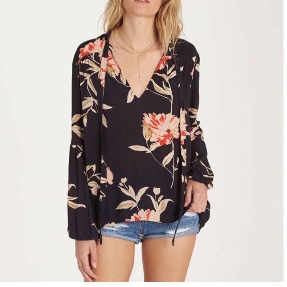 Billabong Birds On High Floral Long Sleeve Top Blouse Large